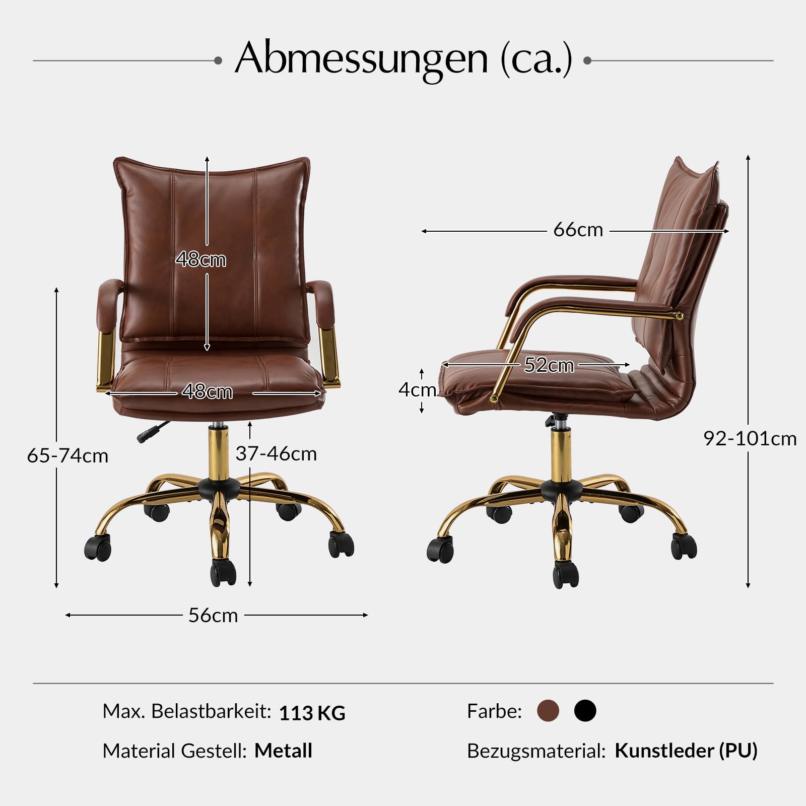 HULALA HOME Moderner Bürostuhl mit Armlehnen höhenverstellbarem Schreibtischstuhl Drehstuhl aus Kunstleder mit 5-Rad-Rolle stabile Metallbasis, Braun