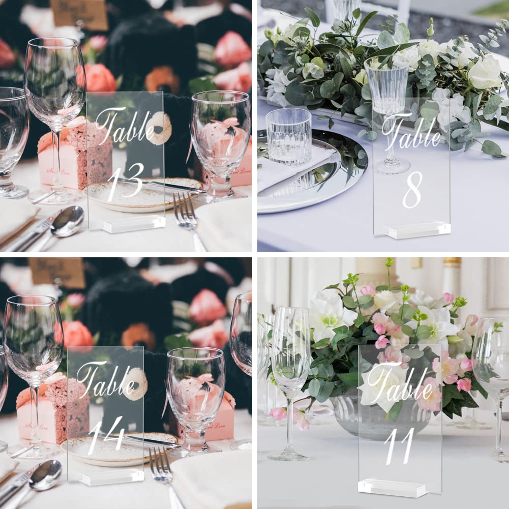 Lot de 20 supports de numéro de table de mariage en acrylique transparent de 10,2 x 15,2 cm avec base pour réception de mariage, fête de mariage, dîners, fête, anniversaire, événement