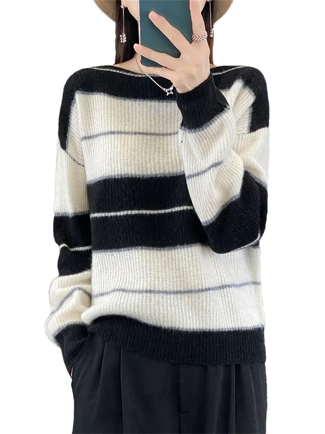 Damski sweter z długim rękawem oversize sweter z wełny merynosów w paski na co dzień kaszmirowa dzianina