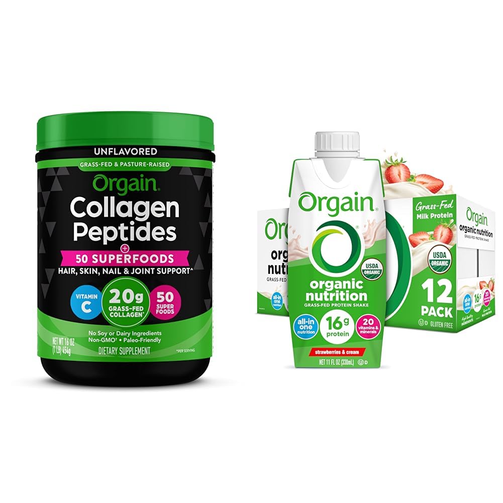 Bundle of Orgain Hydrolyzed Collagen Powder + 50 Organic Superfoods, 20g Grass Fed Collagen 1lb + Orgain Organic Nutritional Protein Shake, Strawberries & Cream