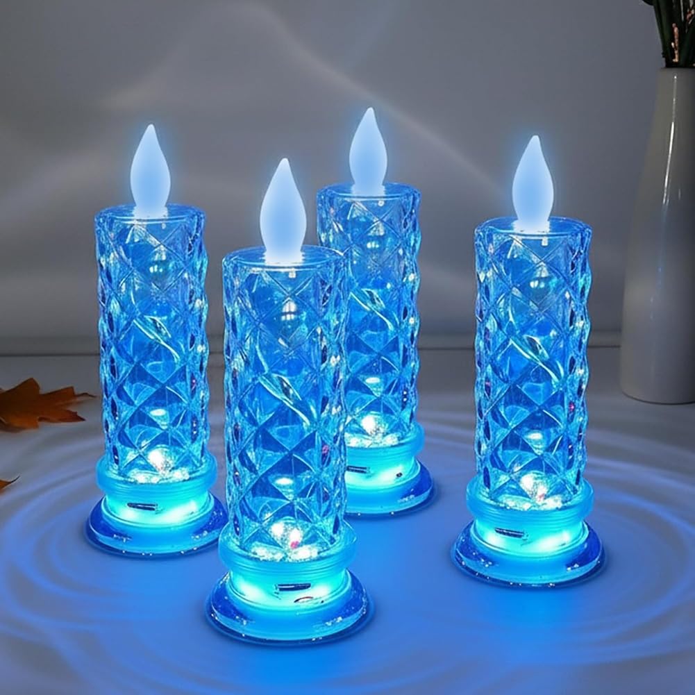 LexTex Set of 4 LED Crystal Candle Lights, Flameless LED Candles, Rose Shadow LEDs Flameless Candles, Romantic Flameles Pillar Candle for Christmas Wedding Table Decorations(Blue,4PCS)