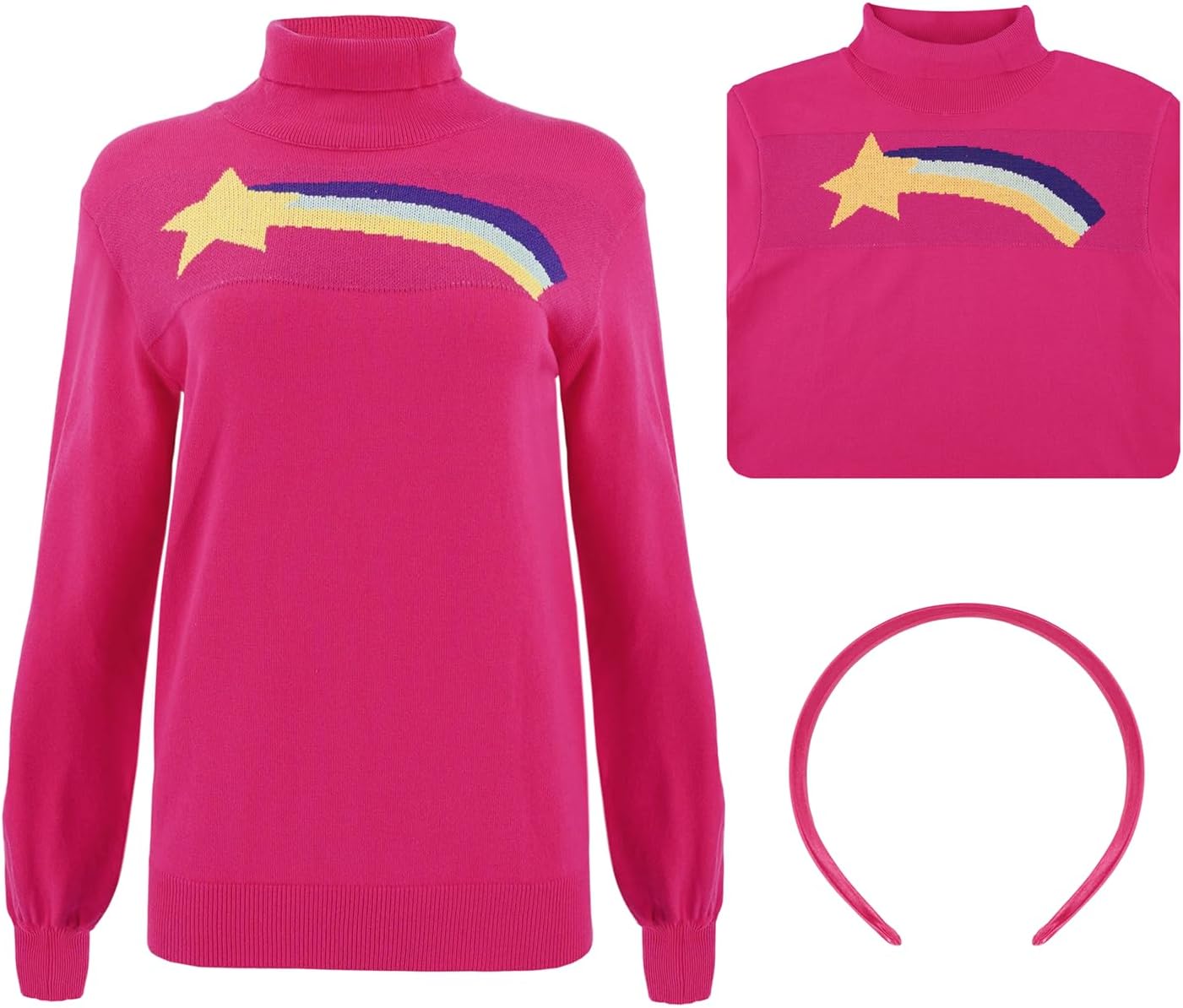 Women's Rainbow Star Pink Pines Sweater Pines Halloween Costume Knitted Turtleneck Pullover Sweater with Headband