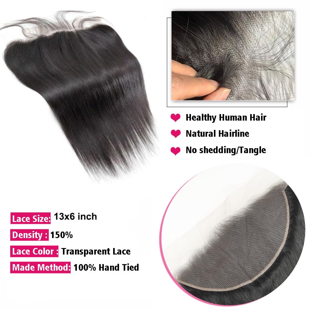 CHEEON 13x6 HD Lace Frontal 14 Inch Brazilian Straight Ear to Ear Human Hair Frontal HD Lace Virgin Human Hair Frontals Pre Plucked with Baby Hair 150% Density Natural Black