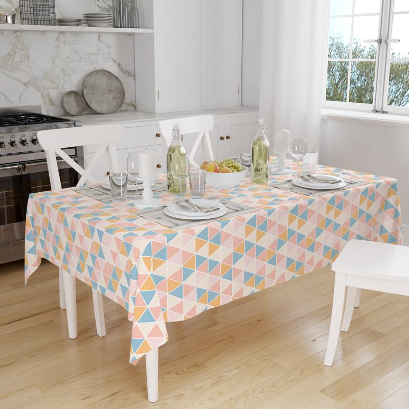 Image of Encasa XO Printed Table Cloth 8 ft for 6 to 8 Seater Dining Table, 100% Silky Polyester, Machine Wash to Remove Food Stains, Non-Fading, Non-Shrinking, Cheap & Durable - Big Triangles Apricot