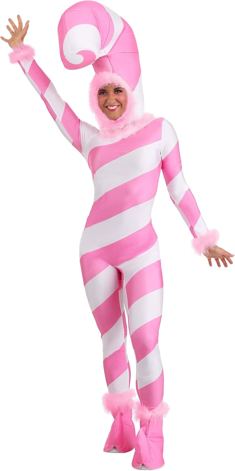 Fun Costumes Pink Candy Cane Costume for Women - Stretch Jumpsuit w/Headpiece, Back Zipper, & Elastic Foam Boot Covers