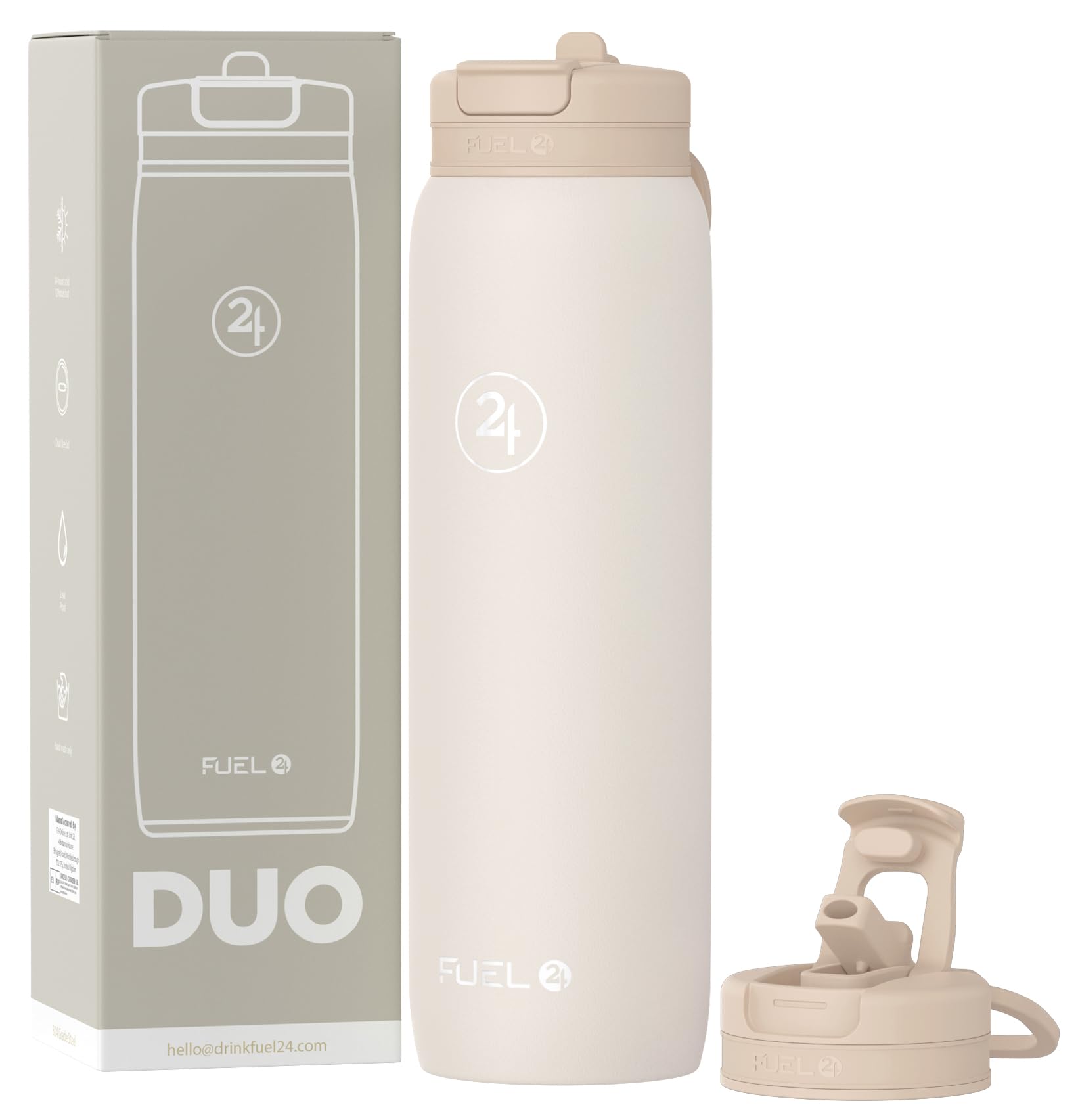 Fuel24 Duo - Stainless Steel Water Bottle 700ml or 1L - Vacuum Insulated Metal Flask with Straw (Dual use Lid) 1 Litre - for Sports, Gym, Work – Slim Design (Sand, 1000 ml)
