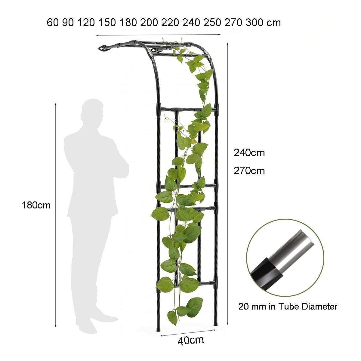Rankhilfe Halbbogen 60-300 cm Rosenbogen Halbbogen aus Metall, Kletterhilfe für Kletterpflanzen, Wandrosenbogen für Terrasse und Garten, stabile Gartenhalbbogen wetterfest(Weiß,W180xH270cm)