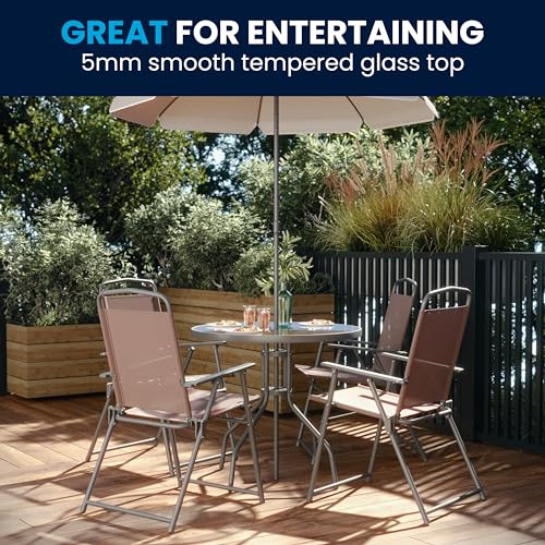 Image of Flash Furniture Nantucket 6-Piece Patio Dining Set with Glass Table, 4 Folding Chairs, and Umbrella, Outdoor Patio Set, Brown