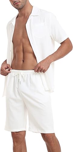 Miniatura 2 de MoFiz Conjunto deportivo de 2 piezas para hombre, conjunto de pantalones cortos, informal, para la playa, con botones, camisas y pantalones cortos,