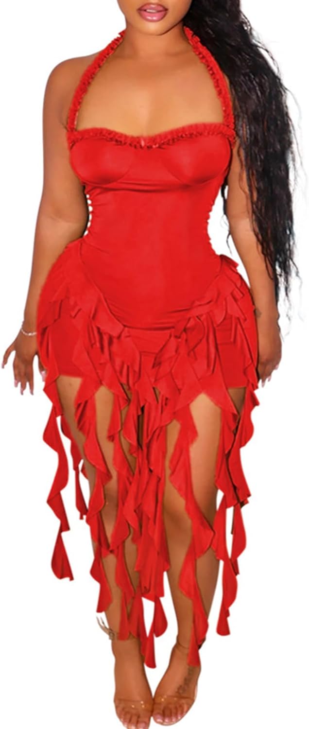 Vakkest Women Summer Halter Neck Dress Sexy Asymmetrical Ruffle Fringe Bodycon Party Birthday Short Mini Dresses