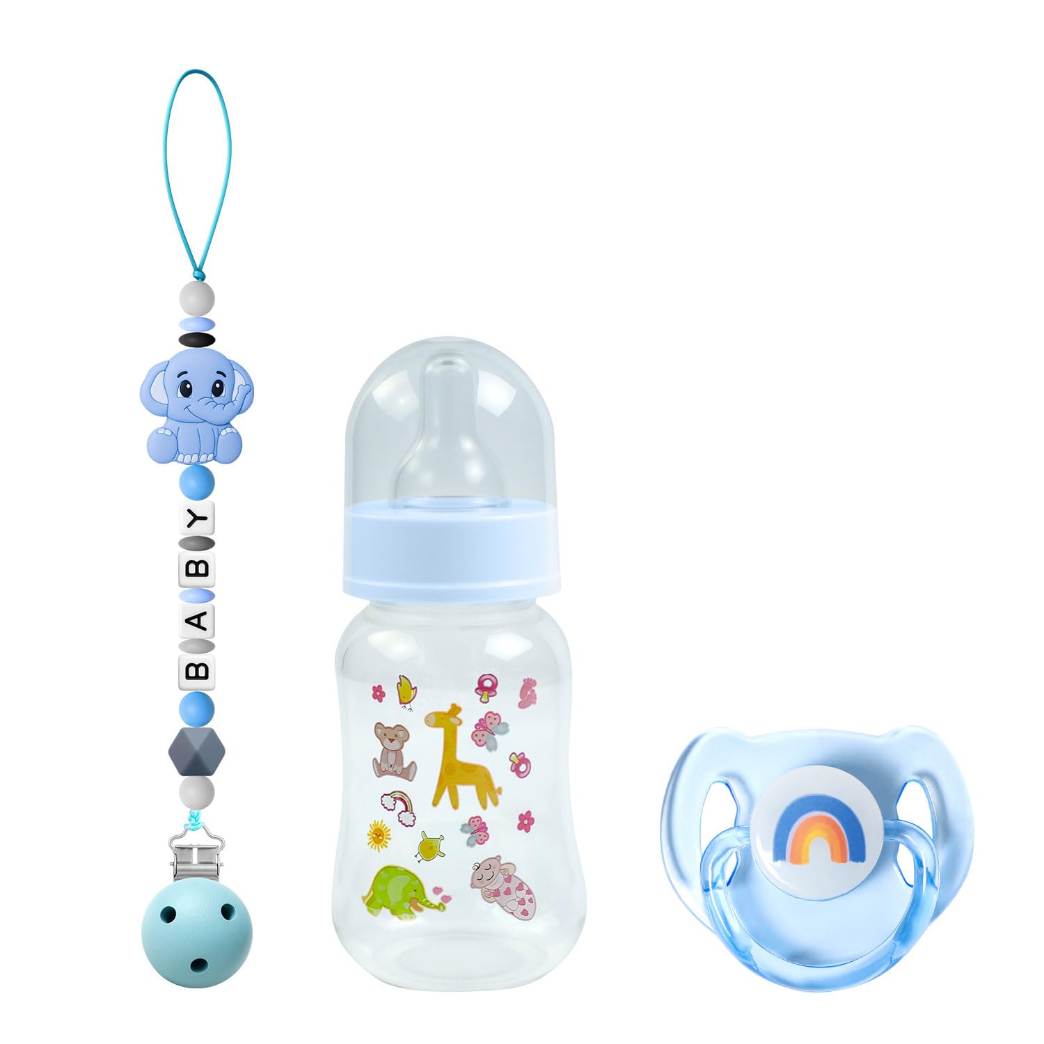 SCOM Reborn Baby Doll Accessories Set - Rainbow Transparent Magnetic Pacifiers & Removable Reusable Baby Doll Bottles with Silicone Pacifier Clips for Reborn Dolls Girls, Blue Style, 3 Pcs