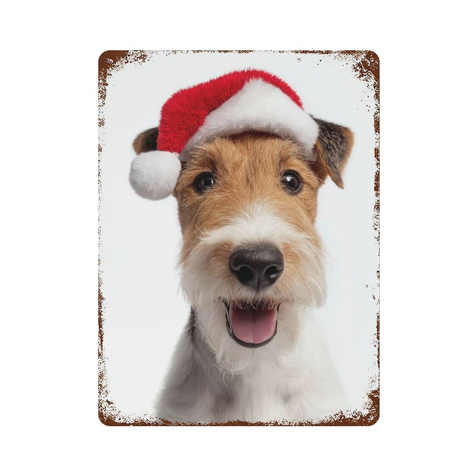 Rusty Metal Tin Sign Wire Fox Terrier Dog with Santa Hat 15.7"x11.8", Industrial Home Decor for Patio, Garden Room And Bar Decor