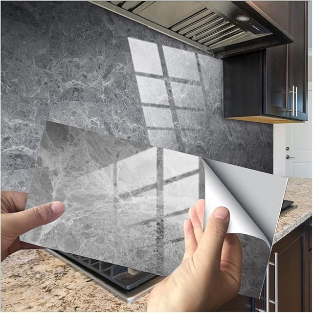Marble Tile Stickers for Bathroom Kitchen New PVC Waterproof Oil Proof DLY Self Adhesive Stick Blacksplash Tile Wall Stickers Home Decor 12x6 Inches 16pcs