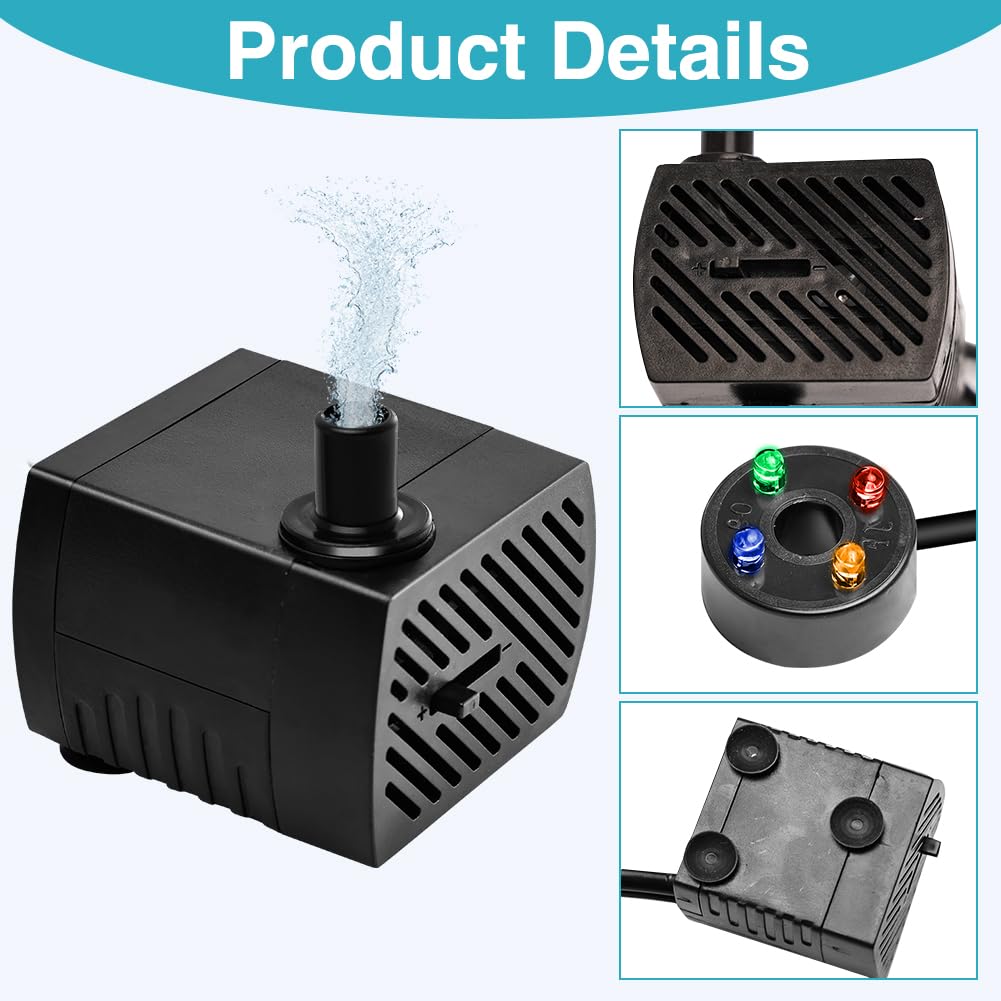 2 Stück 5W Mini Aquarium Wasserpumpe mit 4 LED Licht 350L/H 3.5W, Teichpumpe Tauchpumpen für Aquarium Teich, Steingarten, Brunnen, Garten Tauchwasserpumpe, Max Förderhöhe 0.85m