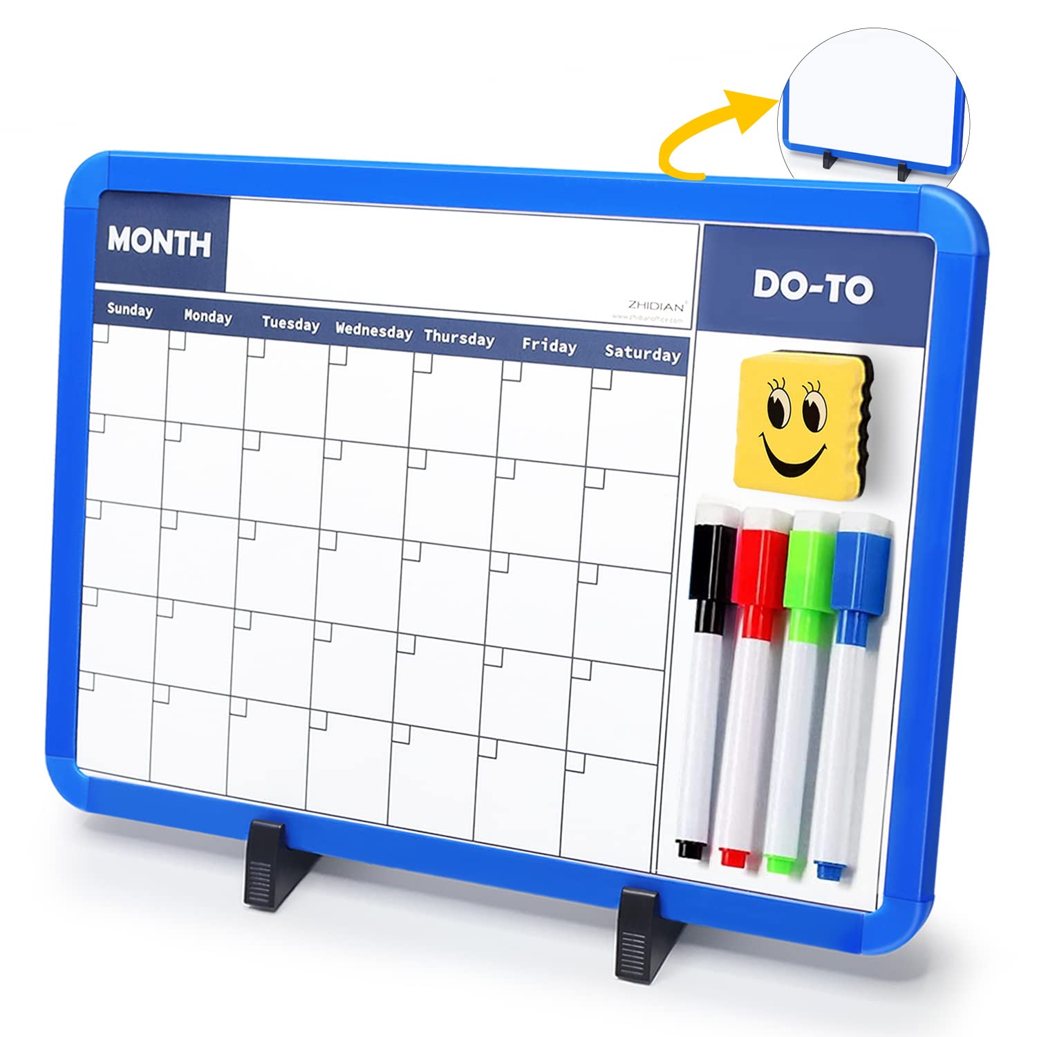Photo 1 of Kids White Board Calendar Desktop Easel, 2-Sided Small Magnetic Dry Erase Board with Adjustable Stand & Blue Frame, Portable Monthly Whiteboard for Home Office, 10x14" Blue Calendar