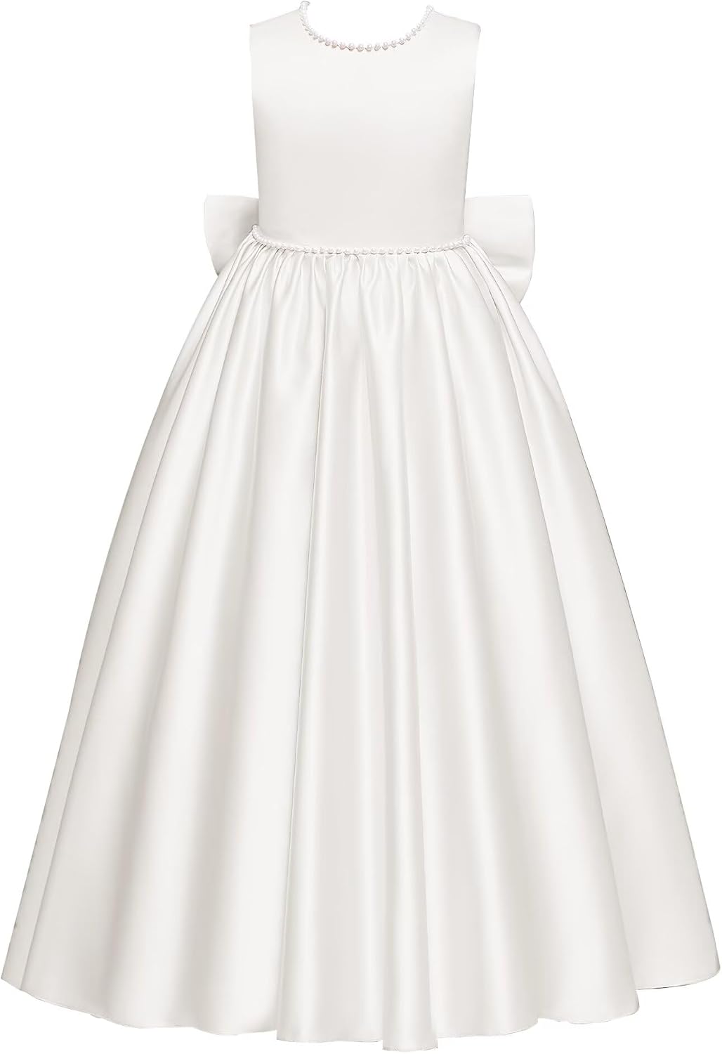 Satin Flower Girl Dress for Wedding Pearl Floor Length Kids Bridesmaid Dresses Princess Pageant Party Bow Gowns
