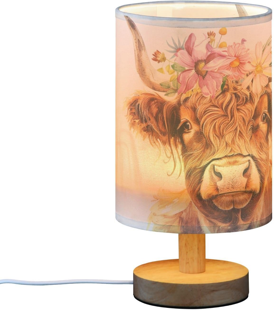 Bedside Table Lamp Cute Highland Cow Flowers Nightstand Lamp with Wood Desk Lamps for Bedroom Living Room Nursery Office Home Decor