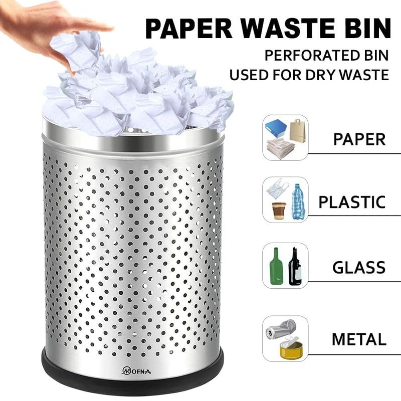 Image of mofna Stainless Steel Open Top Perforated Dustbin for Home 50L Trash Can with Anti-skid Base Waste Garbage Bin for Office, Bedroom, Kitchen & Commercial Use Silver