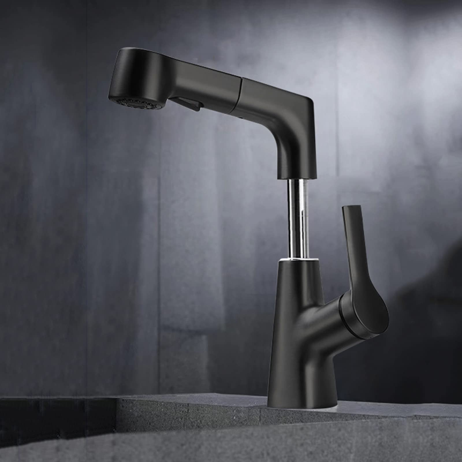 Robinet de lavabo extractible noir rotatif 360 degrés et mitigeur d'évier multifonction