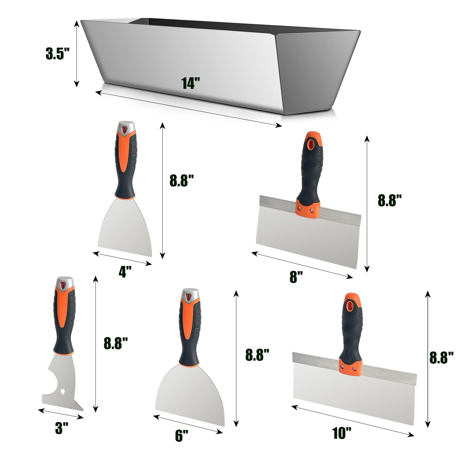Kit de herramientas manuales para paneles de yeso, 5 cuchillos de masilla de acero inoxidable, cuchillo de cinta con bandeja de barro para reparación de paneles de yeso, raspado de pintura y