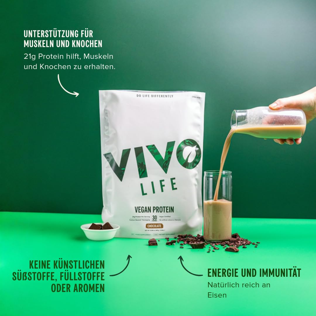 Vivo Life poudre de protéine végétalienne - 21 grammes de protéines végétales par portion, 30 portions (960g) - avec du sel de l'Himalaya du Punjab Pakistan (Chocolat)