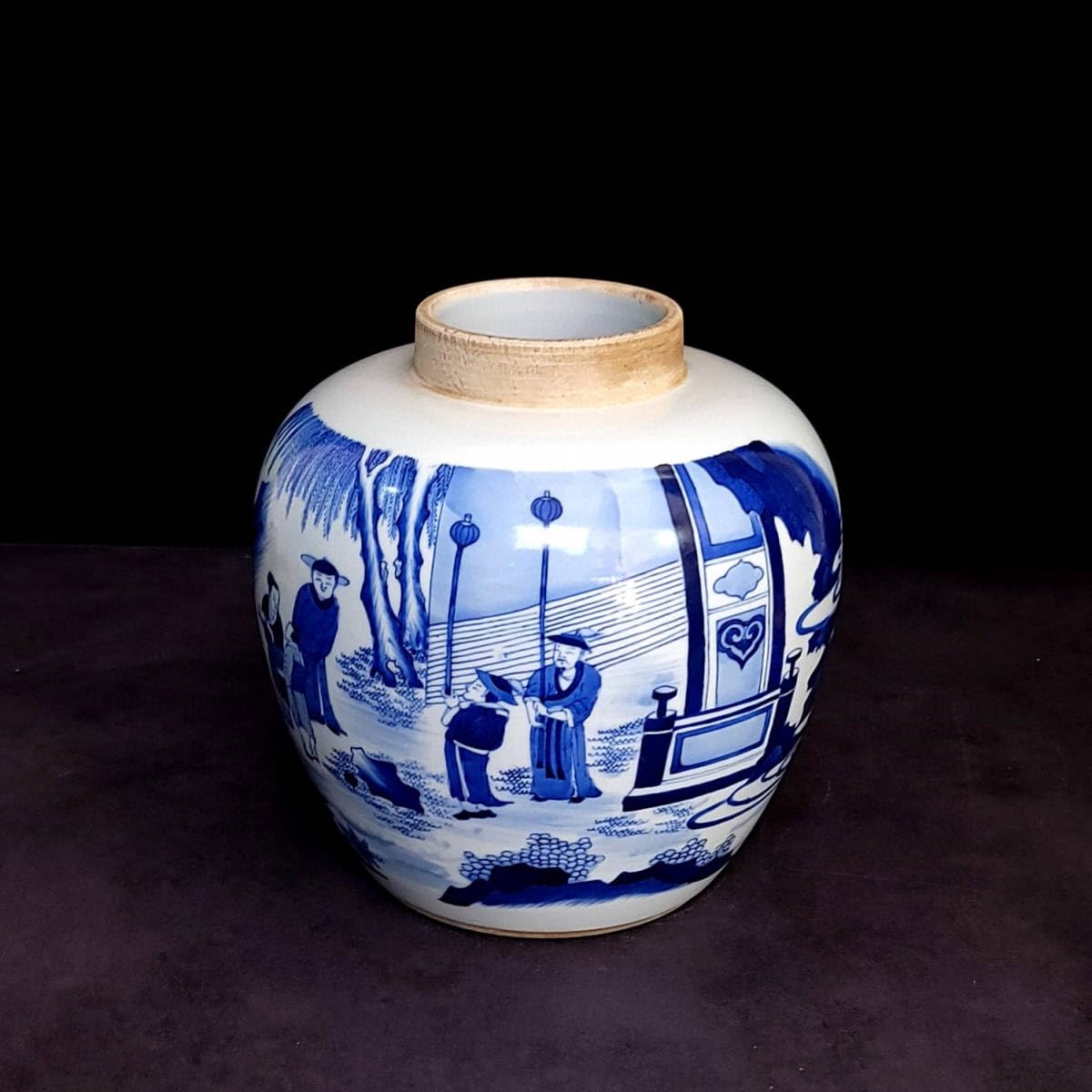 清・康熙年製款・古陶磁器・青花人物万寿紋大瓶・箱付』極細工・