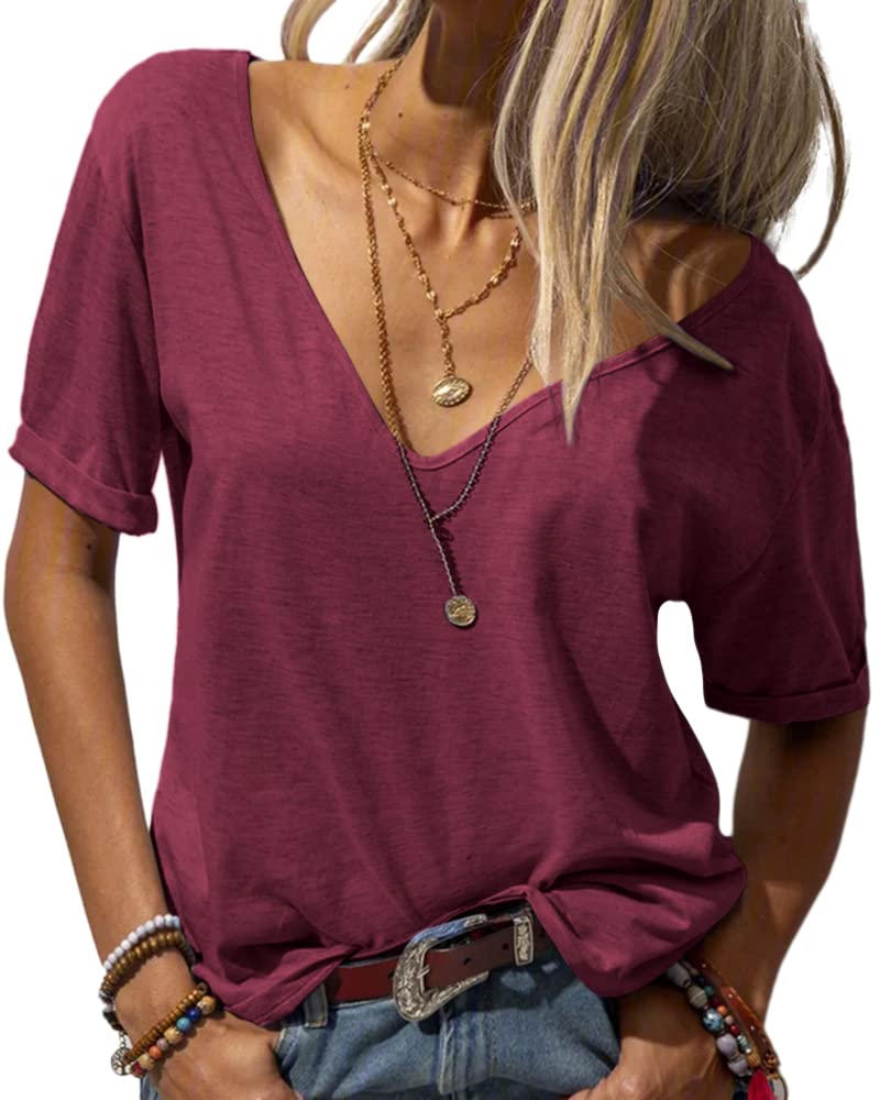 Tankaneo Damen Mode tief V-Ausschnitt Kurze Ärmel Tops Solide Lässig Lose Basic T Shirt