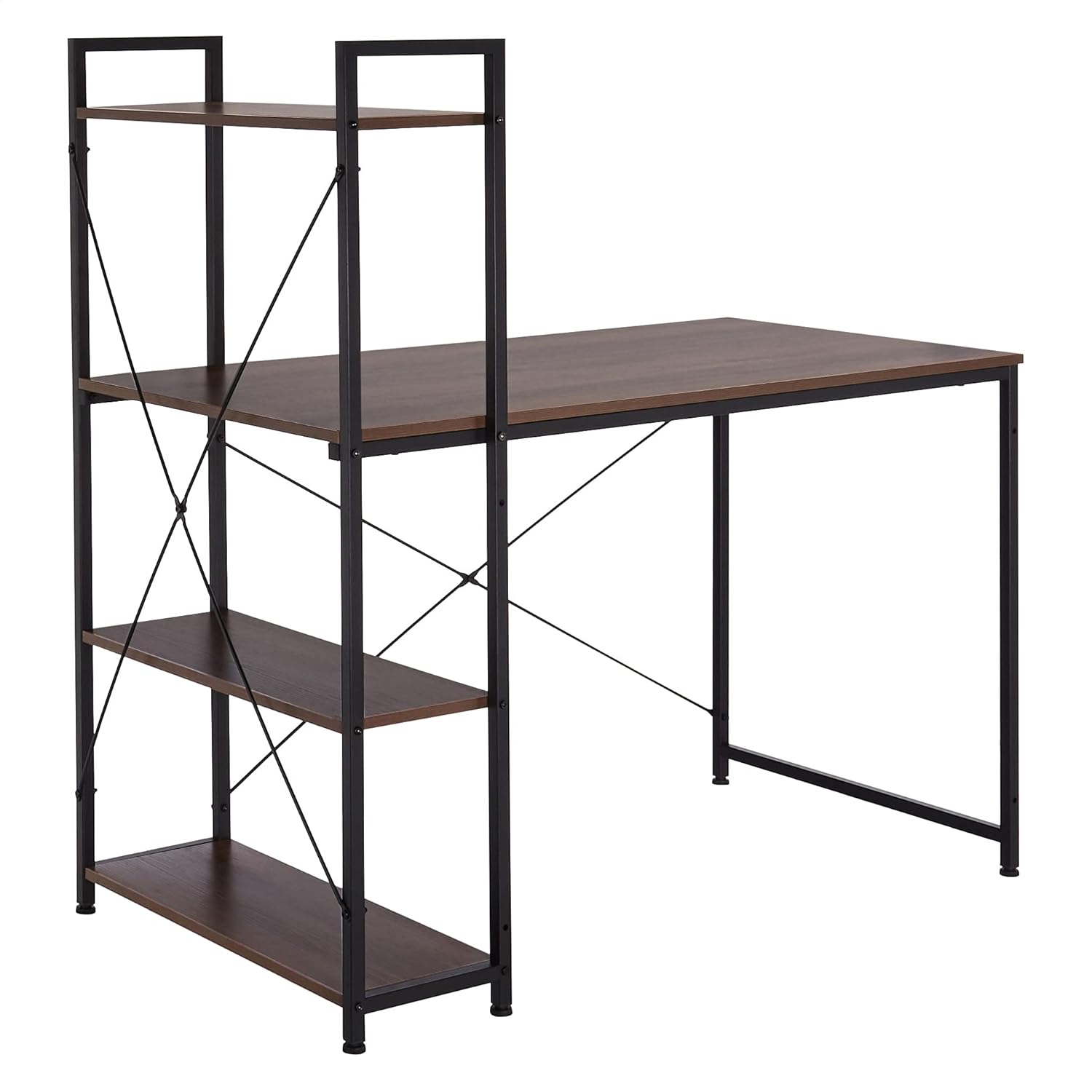 Coral Flower Tower Computer Desk with 4 Tier Shelves - 47.6'' Multi Level Writing Study Table with Bookshelves Modern Steel Frame Wood Desk Compact Home Office Workstation (Natural brown)