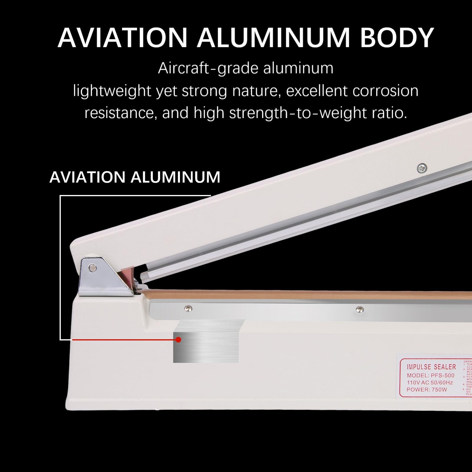 Sellador de impulsos de cuerpo de aluminio de aviación de 20 pulgadas, sellador de calor manual con tira de sellado de 3 mm para bolsas de plástico PE PP, bolsas retráctiles, selladores de