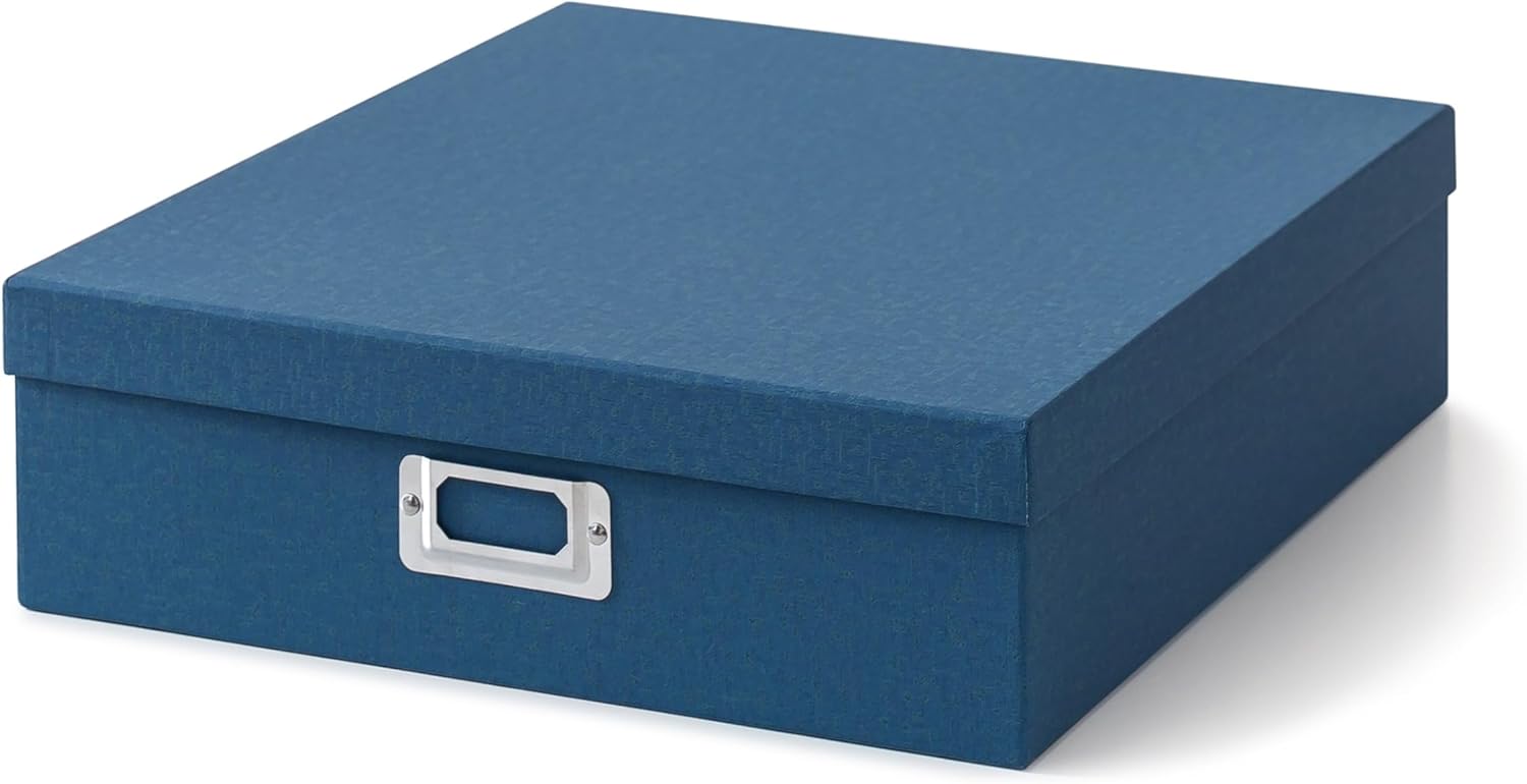 Soul & Lane Cardboard Decorative Photo Storage Box with Lid, 14.8 × 13.0 × 3.7 In, Picture Storage for Keepsakes and Memorabilia, Photo Album Box for Memories, Scrapbook, Artwork, Stationary, Blue