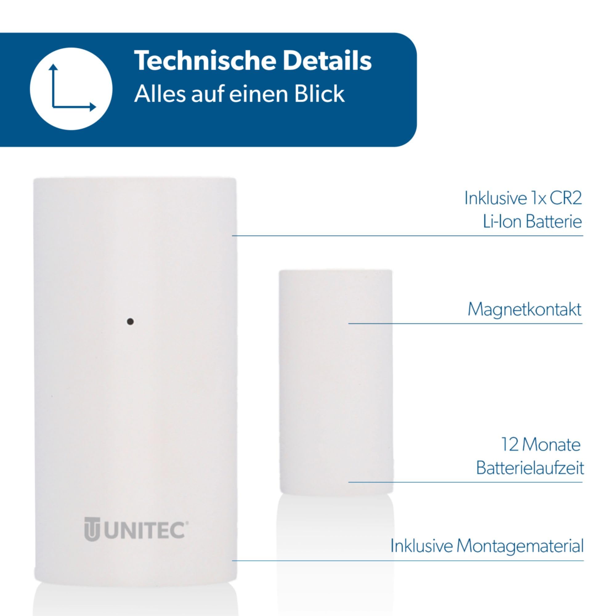 Unitec Czujnik magnetyczny do drzwi/okien z Wi-Fi, powiadomienia na smartfonie, czujnik ostrzegawczy WLAN, nie wymaga bramki, zasilanie bateryjne