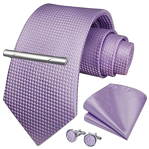 Image of HISDERN Plaid Ties for Men Classic Checkered Tie and Pocket Square Cufflinks Tie Clip Set Woven Men's Necktie Business