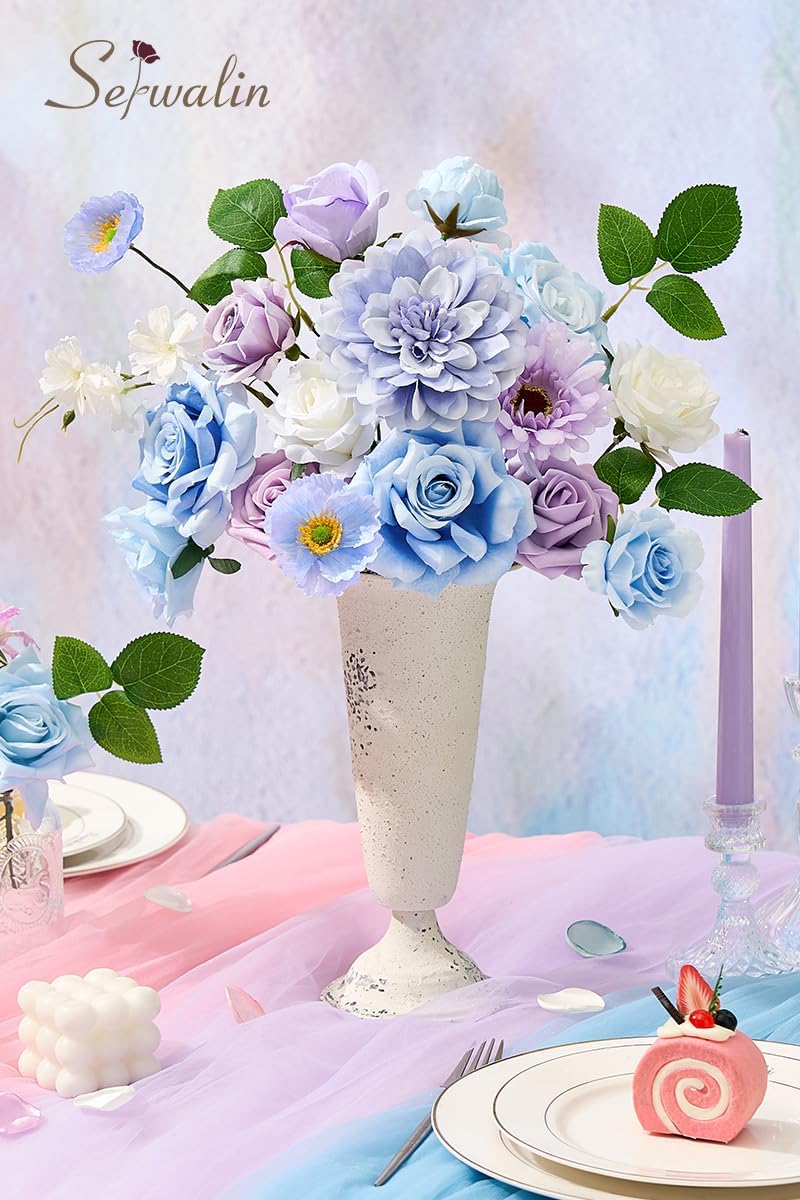 Serwalin Artificial Blue & Purple Flowers, Silk Fake Flowers for DIY Wedding Bouquets Cake Flowers, Table Centerpieces Baby Shower Birthday Party Home Decorations