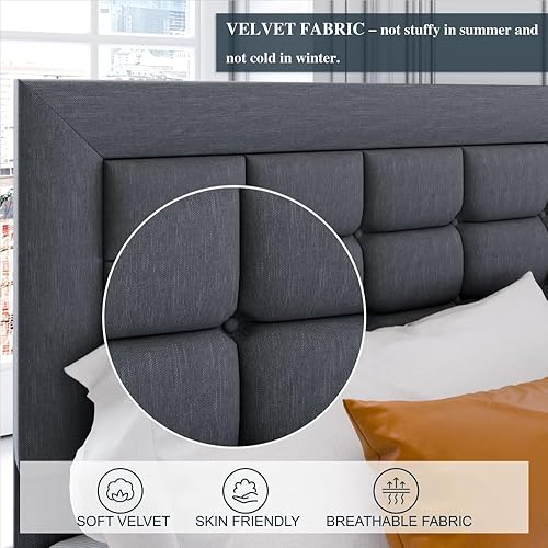 Miniatura 3 de SUNLEI Base de cama con cabecera capitoné con botones cosidos cuadrados, marco de cama tamaño King con espacio de almacenamiento de 12 pulgadas y
