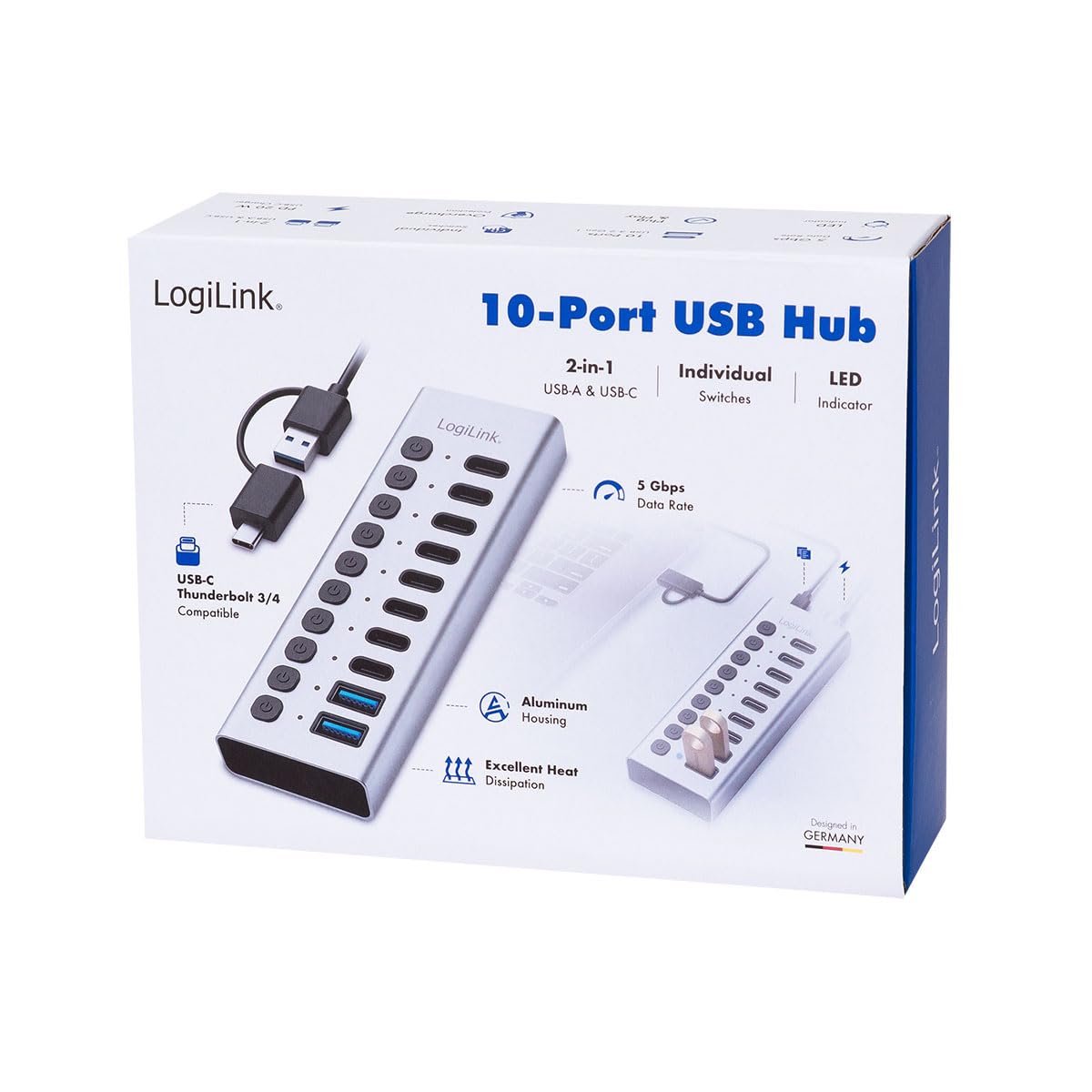 LogiLink UA0448 - Hub USB 3.2 Gen1 con 10 Puertos y Cable/Adaptador, USB Tipo A y USB Tipo C, Interruptor de Encendido/Apagado, Aluminio