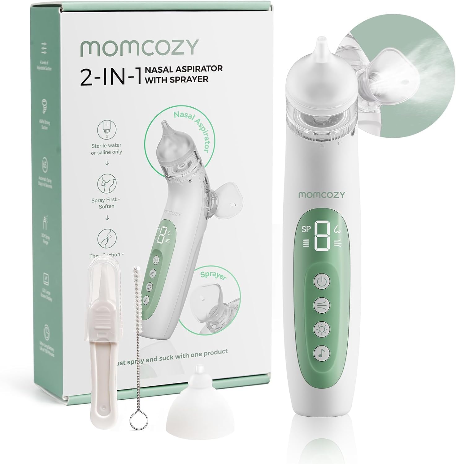 Momcozy BN007 mouche bebe electrique 2-en-1 avec fonction de pulvérisation, 65 kPa de puissance d’aspiration, 4 niveaux réglables, silencieux et portable, avec lumière et musique apaisantes