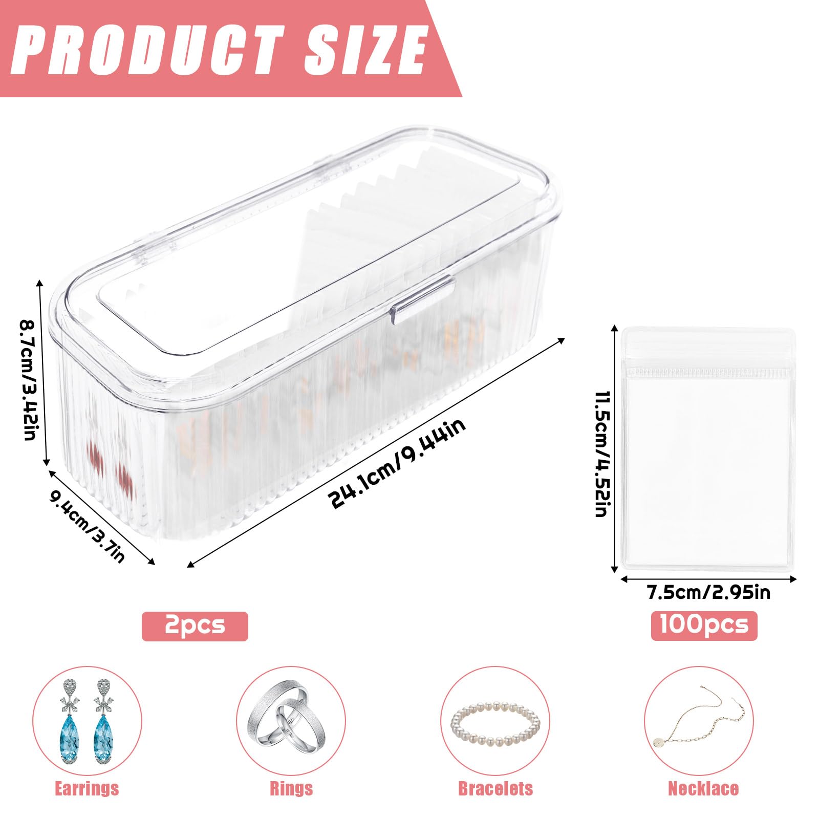 Wensdr 2 Packs Acrylic Jewelry Box with 100pcs PVC Portable Anti Oxidizing Zipper Bags Flip Lid Jewelry Organizer for Earrings Rings Necklaces Travel Jewelry Case