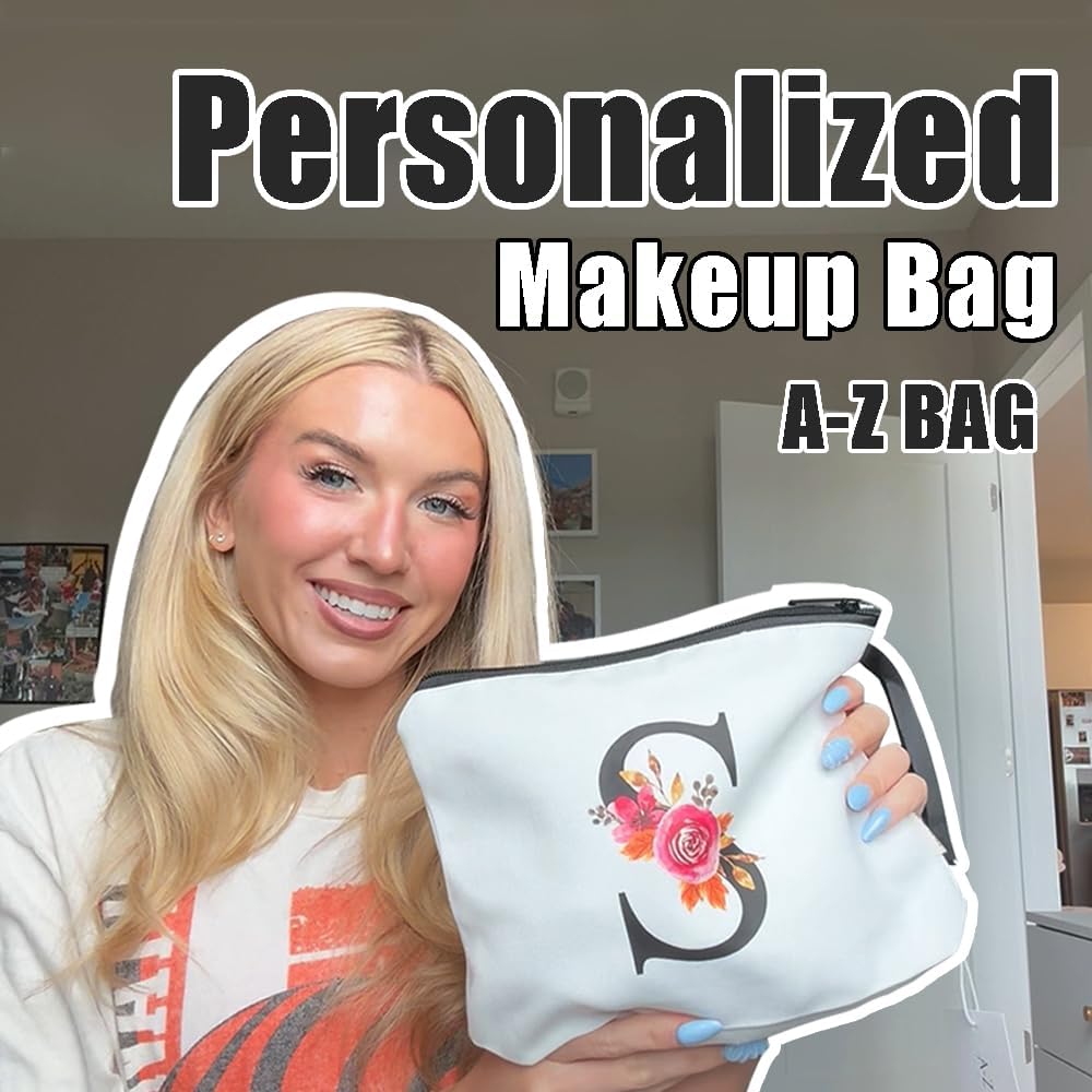A-Z BAG Personalised Initial Makeup Bag with Floral Letter,Gifts for Women,Mum,Friend,Sister,Teenage Girls,Bridesmaid,Cosmetic Wash Bag & Toiletry Pouch,B - 3