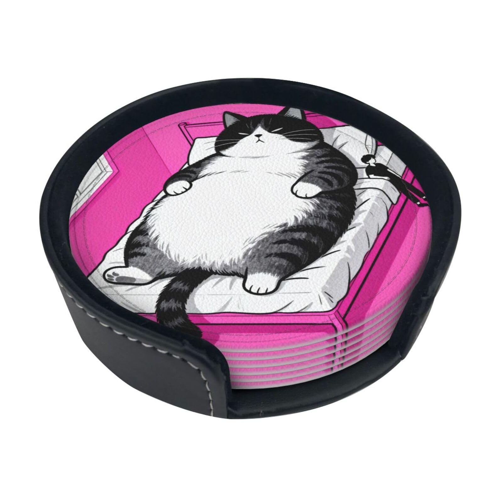Cntdbu White Giant Cat Leather Coasters Set Of 6-Pu Leather Drink Mats For Table, Heat Resistant Round Coasters With Holder