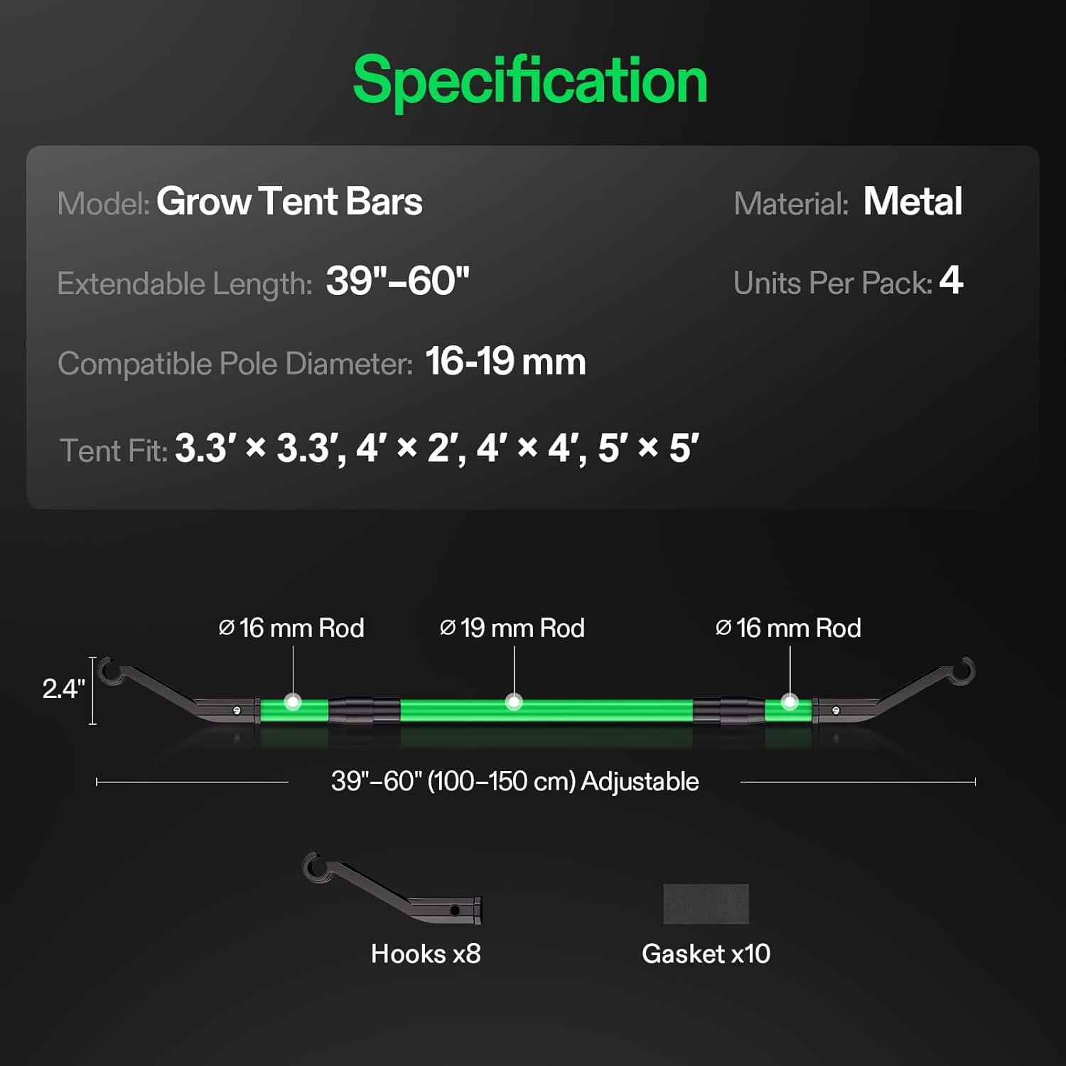 VIVOSUN Grow Tent High CFM Kit, Heavy-Duty Mounting Bars, High Airflow Support Pole Kit 39"-60" Adjustable, Suitable for 3.3’×3.3’, 4’×2’, 4’×4’, and 5’×5’ Tents, 4-Pack
