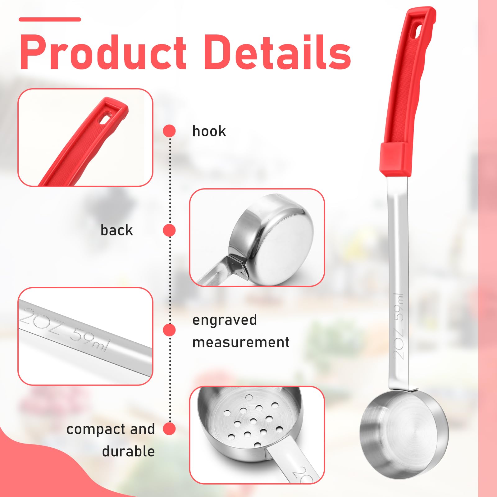 Teenyyou Juego de 8 cucharas de servir para control de porciones, cucharas de porción, cucharas de acero inoxidable sólido y ranurado para alimentos, juego de utensilios de servir para fiestas (rojo,