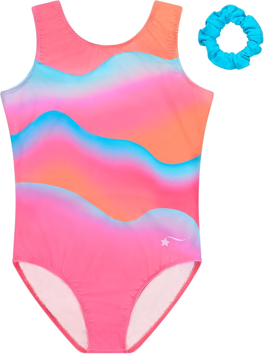 Destira Sunset Dream Tank Gymnastics Leotard for Girls – Bright Pink Rainbow Wave Dance Leo, Matchig Scrunchie