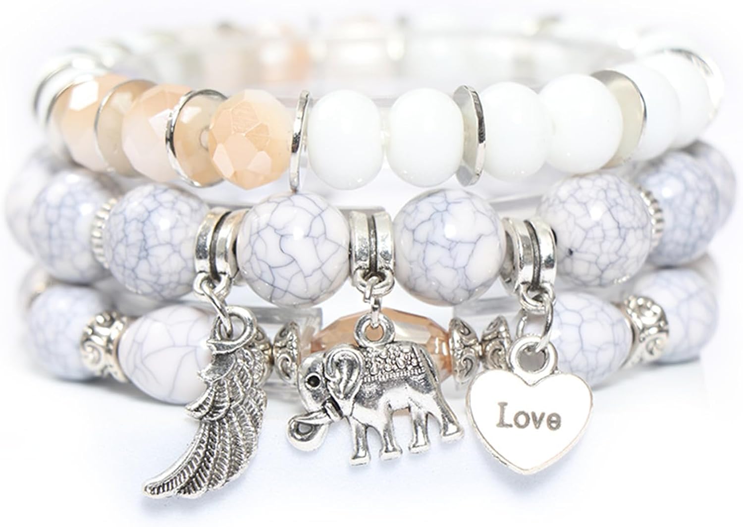 Bohemian Bracelets Set for Women Multilayer Stretch Stackable Wing Tassel Love Charm Crystal Beaded Beach Boho Natural Stone