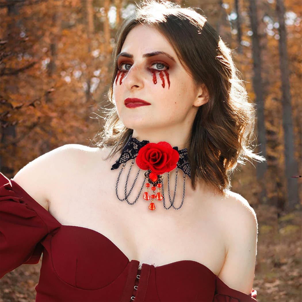 Gothic Black Choker Necklace Lace Collar Necklace Red Rose Necklace Halloween Chokers for Women - Image 5