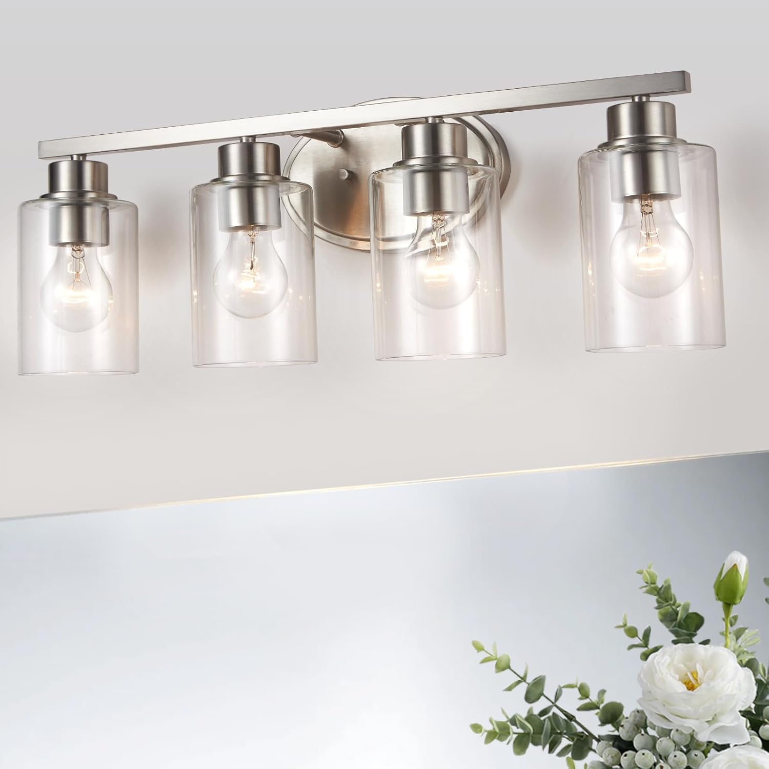 Modern 4-Light Bathroom Vanity Light Fixtures with Clear Glass, Brushed Nickel Finish, Touch Control, Wall Mount, 3200 Lumen, 240W, Warm White, UL Certified Brushed Nickel 4-Lights