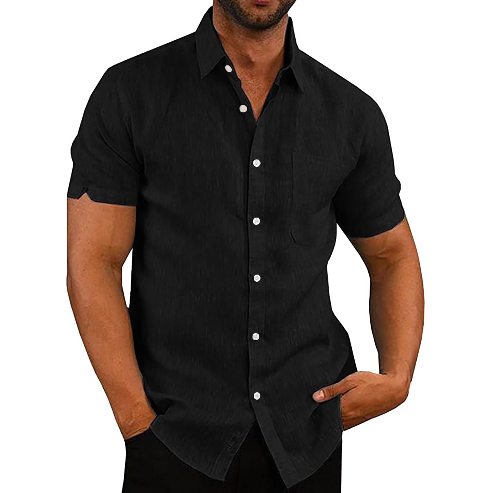 VANVENE Camisas de lino para hombre, de manga corta, con botones, de algodón, para verano, casual, holgadas
