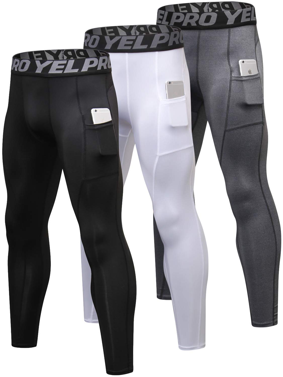 Yuerlian 1 or 3 Pack Men's Compression Pants Running Tights Workout Leggings Cool Dry Yoga Gym Pants with Pocket