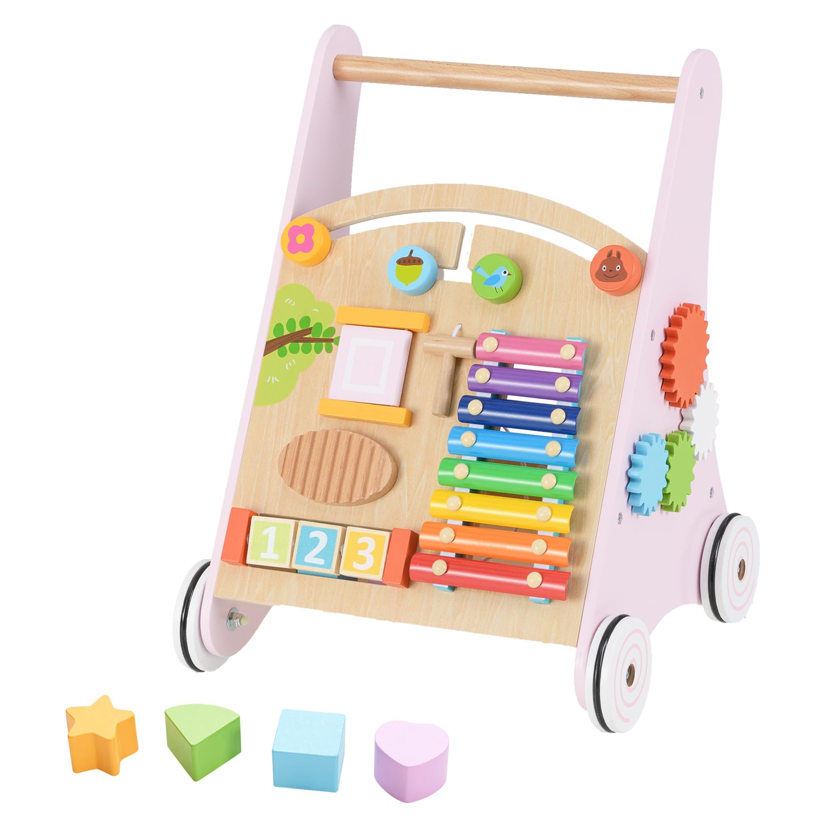 INFANS Wooden Baby Cart, Montessori Push Toy with Multiple Activity Center Storage Infant Learning to Sit to Stand for Boys Girls (Pink)