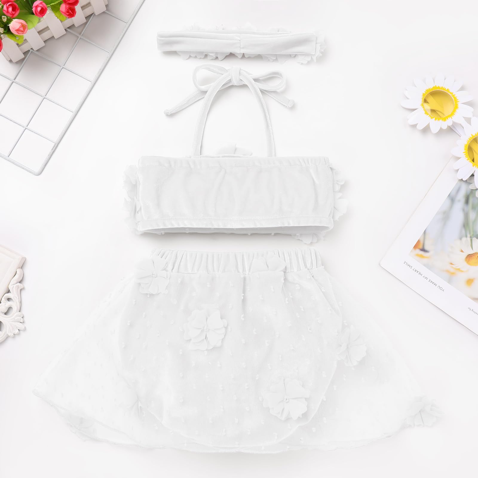 Tankini Swimming Suit: Toddler Baby Girls 3 Piece Summer Beach Outfit Solid Color Flower Velvet Halter Bikini Bathing Suit Beach Hawaii Holiday Casual Princess Swimwear White 12-18 Months