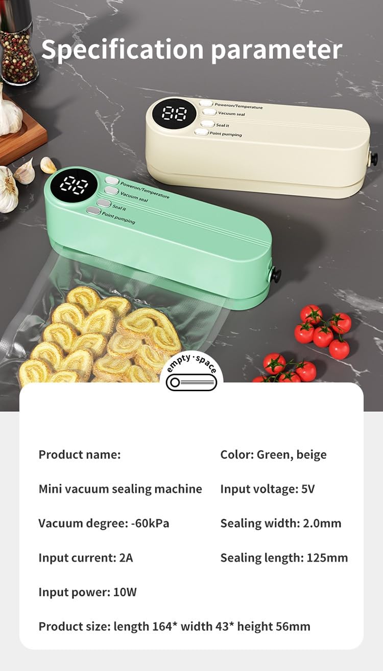 Mini Food Saver Vacuum Sealer Machine 2025 Updated,3 in 1 Cordless Rechargeable Sealer Digital Display Food Preservation Heat Sealer Machine for Dry/Moist Food Storage (Beige)